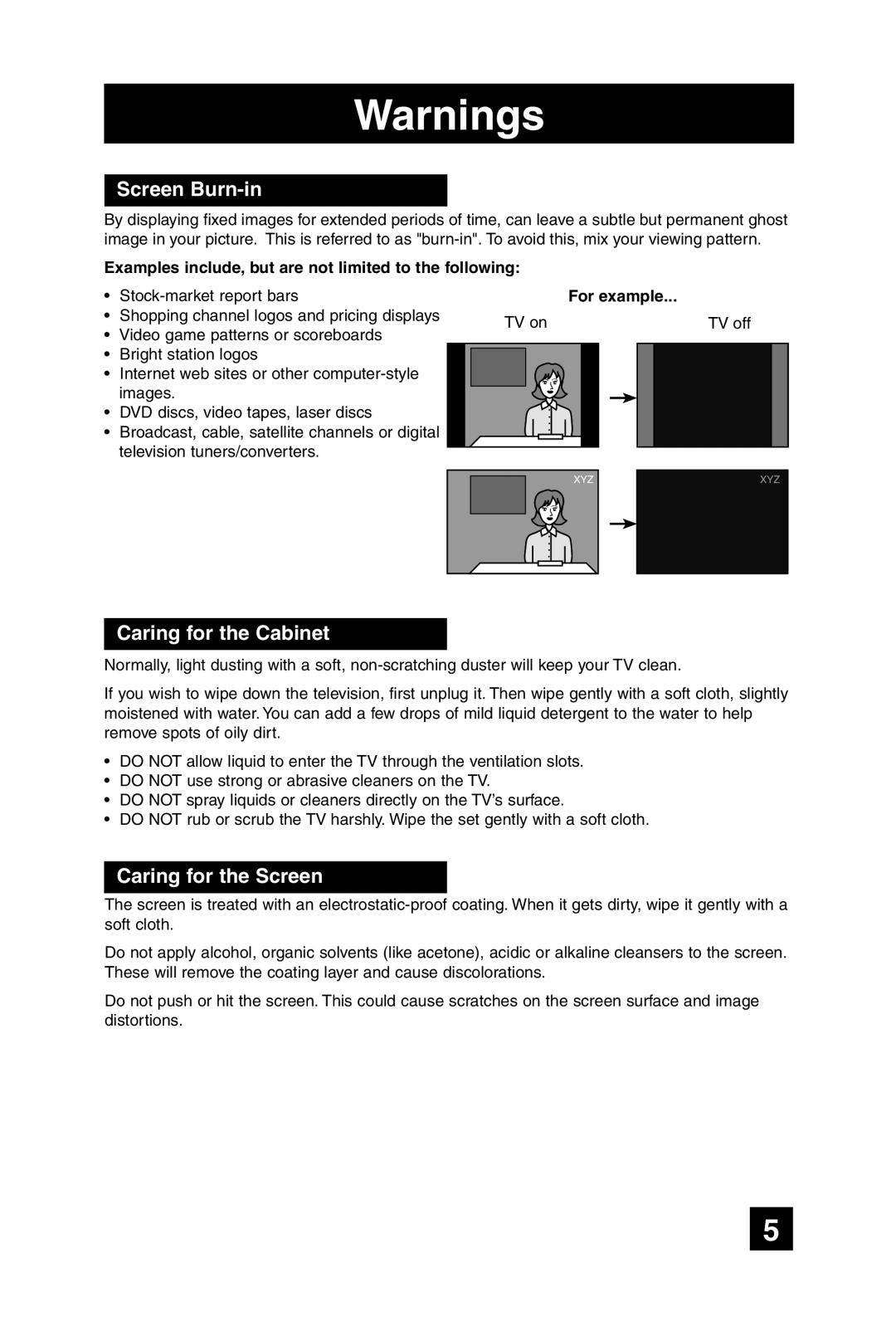 JVC LT-32WX84 manual Screen Burn-in, Caring for the Cabinet, Caring for the Screen, For example 