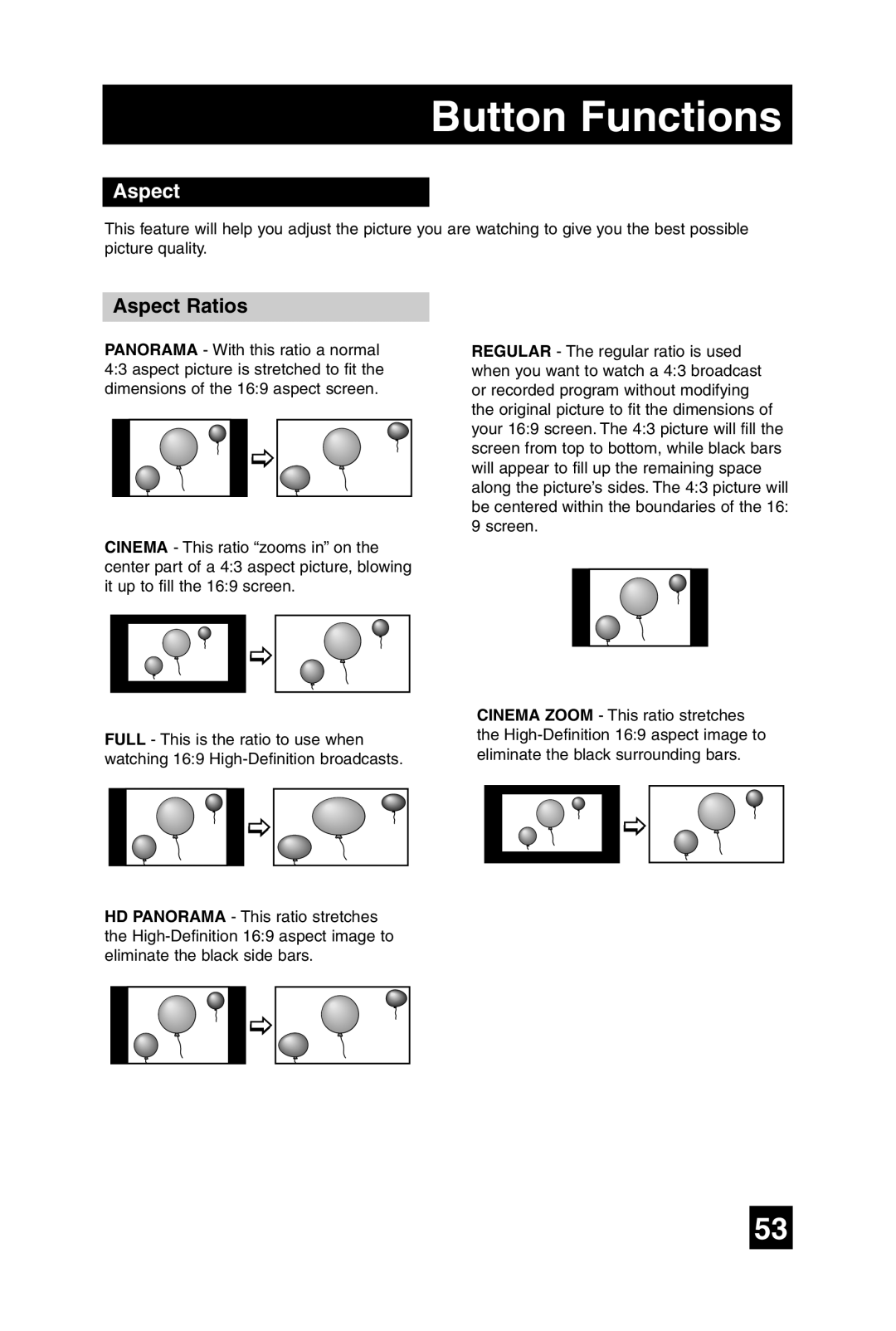 JVC LT-32WX84 manual Aspect Ratios 