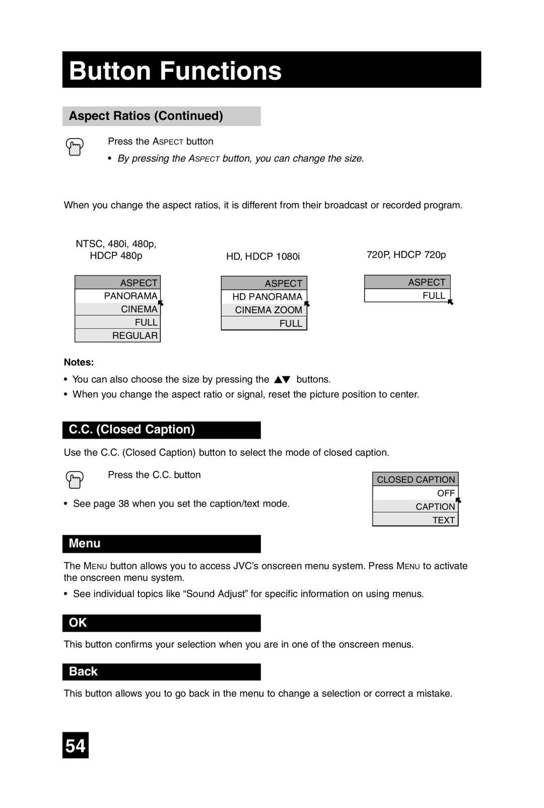 JVC LT-32WX84 manual Menu, Back 