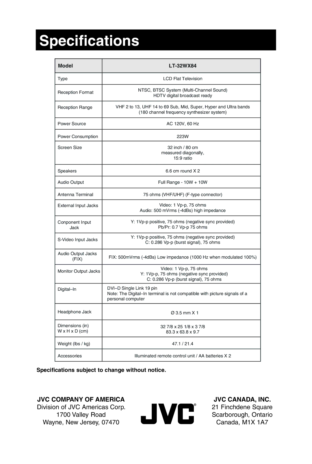 JVC LT-32WX84 manual Specifications subject to change without notice 