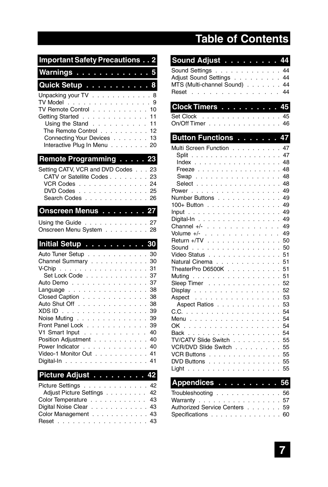 JVC LT-32WX84 manual Table of Contents 