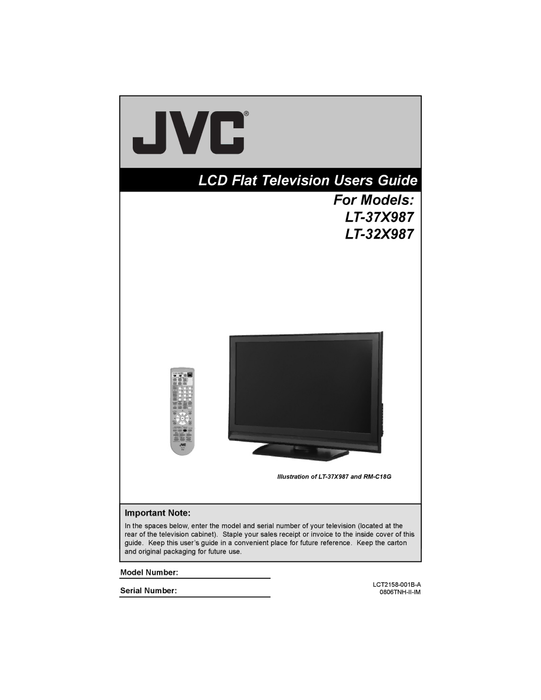 JVC LT-32X987 manual LCD Flat Television Users Guide, Important Note 