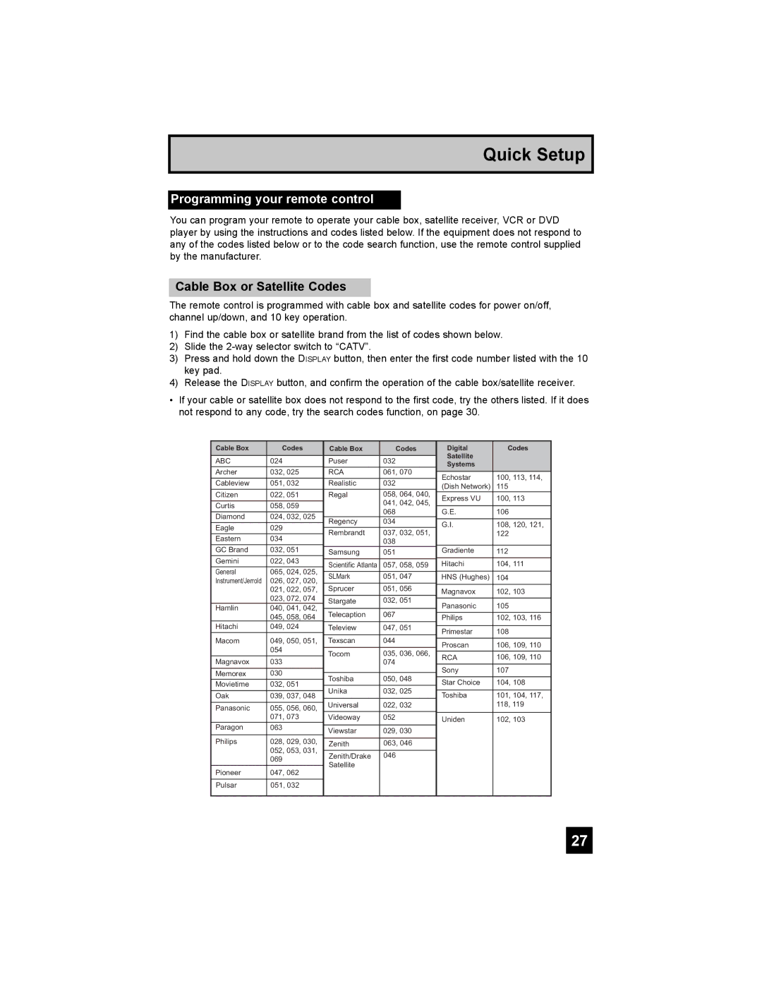 JVC LT-32X987 manual Programming your remote control, Cable Box or Satellite Codes 