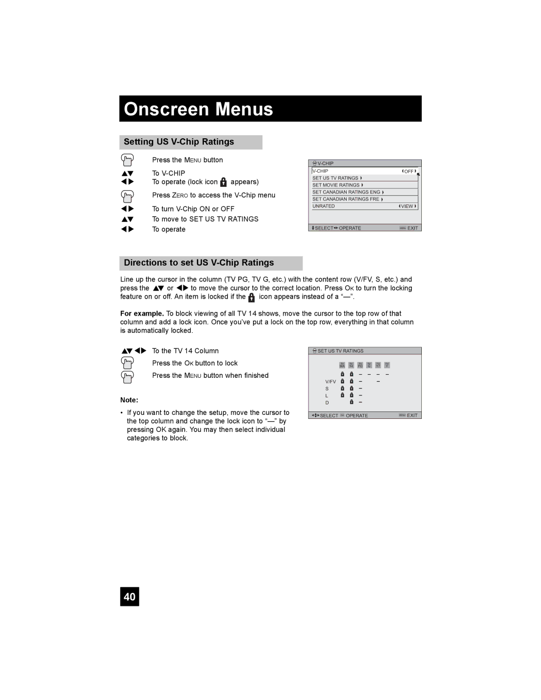 JVC LT-32X987 manual Setting US V-Chip Ratings, Directions to set US V-Chip Ratings 