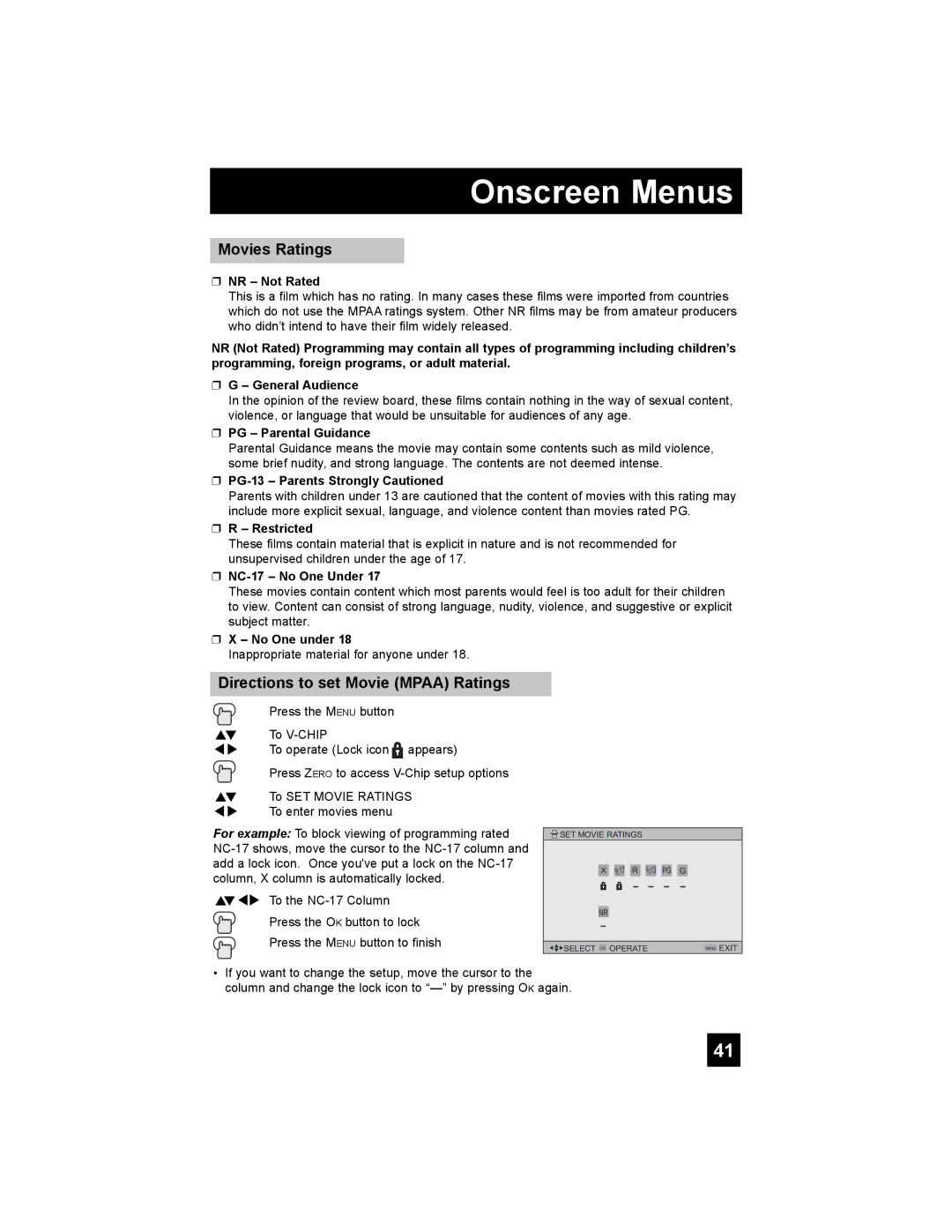 JVC LT-32X987 manual Movies Ratings, Directions to set Movie Mpaa Ratings 