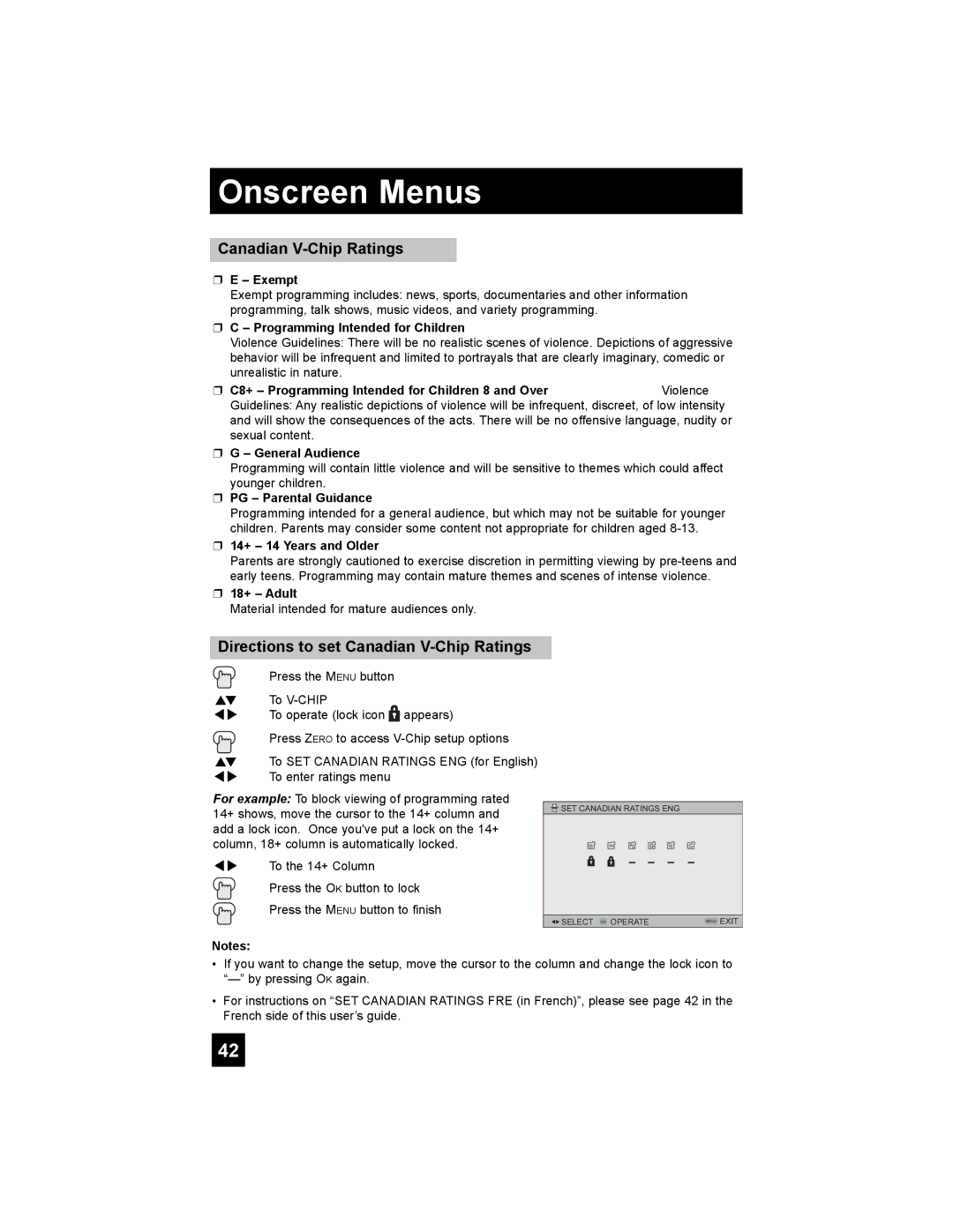 JVC LT-32X987 manual Directions to set Canadian V-Chip Ratings 