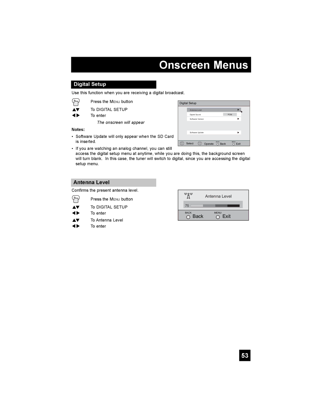 JVC LT-32X987 manual Digital Setup, Antenna Level 