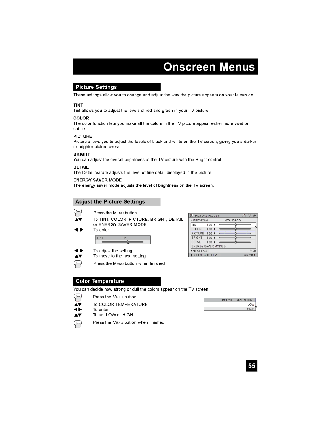 JVC LT-32X987 manual Adjust the Picture Settings, Color Temperature 