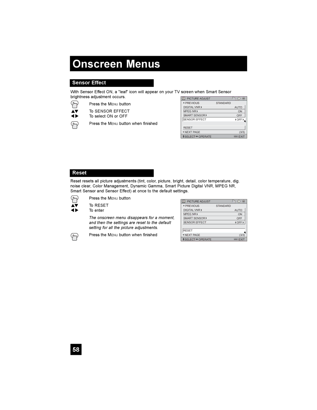 JVC LT-32X987 manual Sensor Effect, Reset 