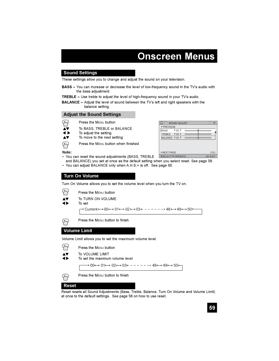 JVC LT-32X987 manual Adjust the Sound Settings, Turn On Volume, Volume Limit 