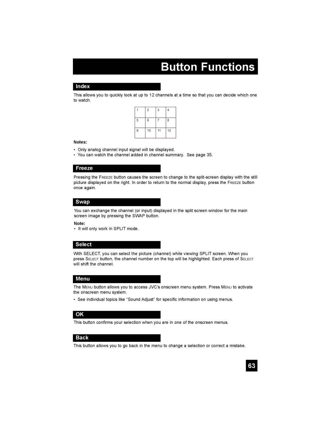 JVC LT-32X987 manual Index, Freeze, Swap, Select, Menu, Back 