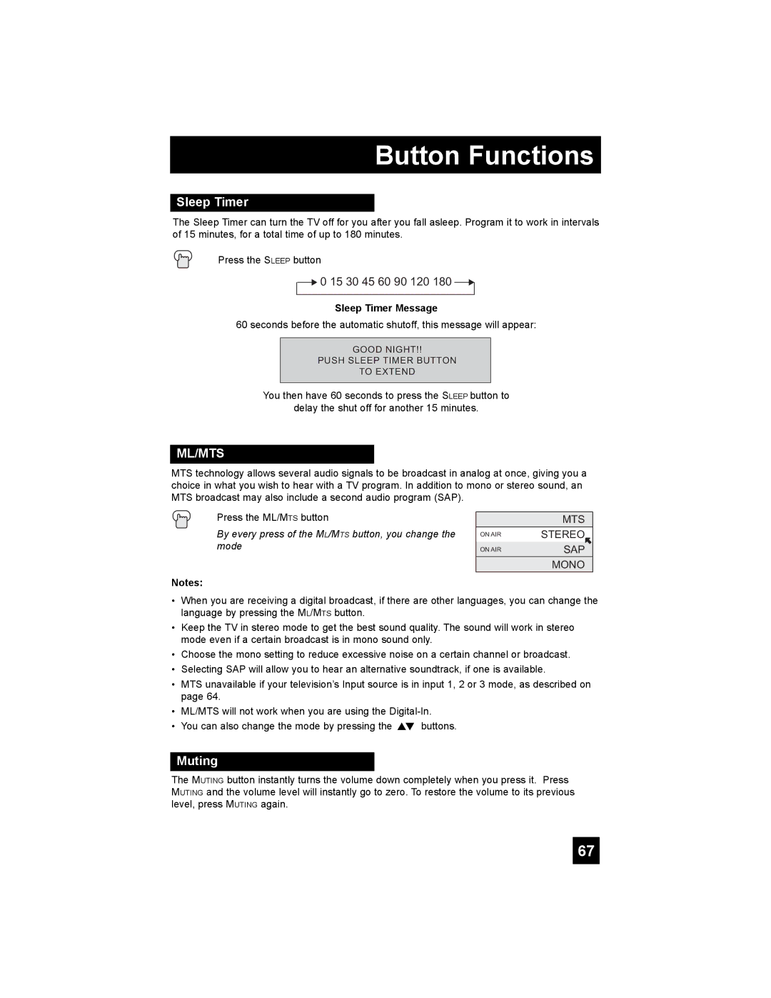 JVC LT-32X987 manual Muting, Sleep Timer Message 