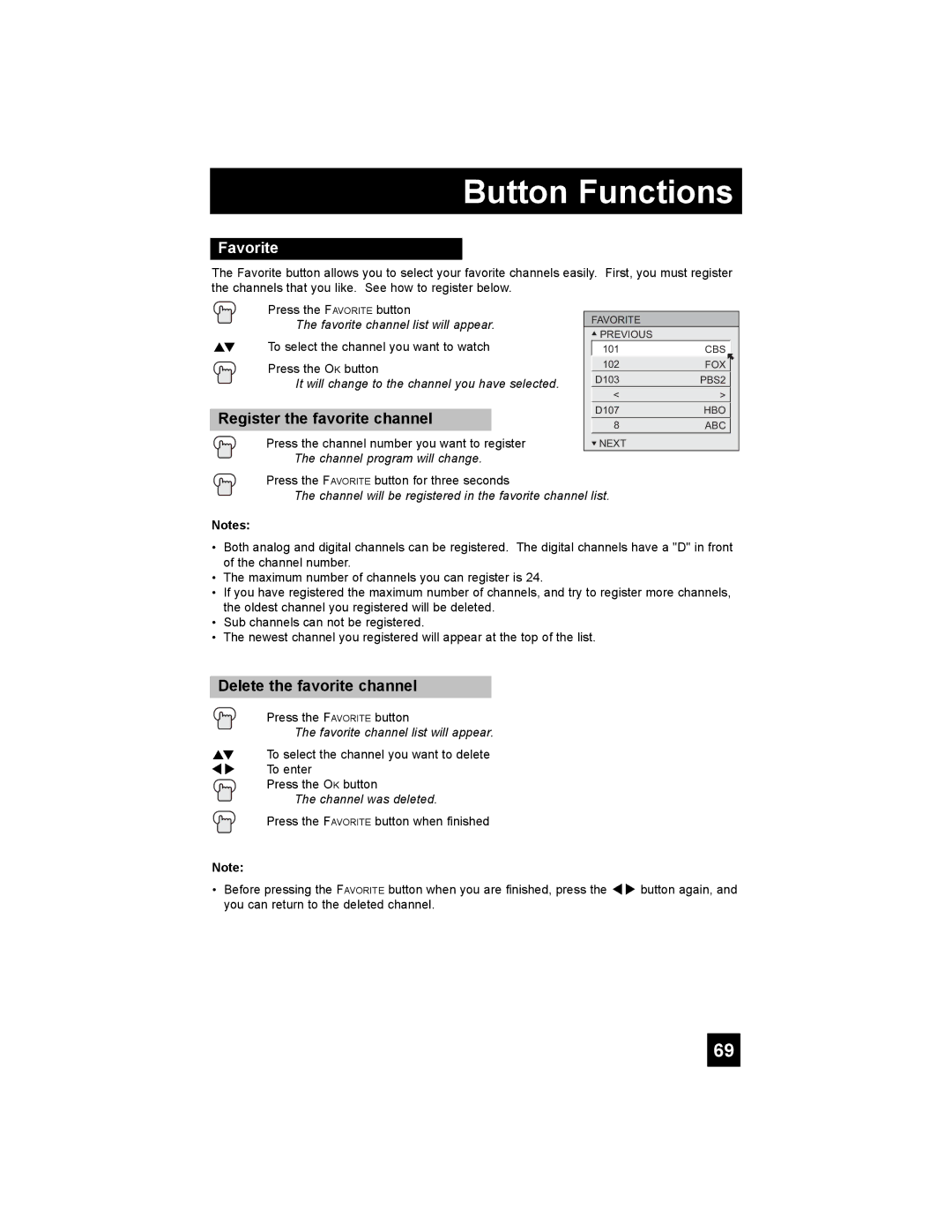 JVC LT-32X987 manual Favorite, Register the favorite channel, Delete the favorite channel 