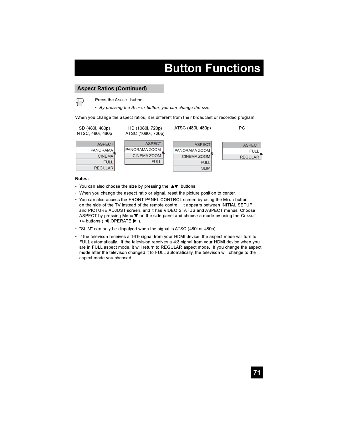 JVC LT-32X987 manual By pressing the Aspect button, you can change the size 