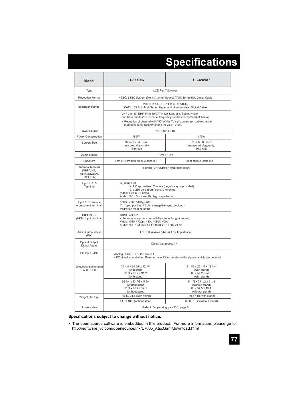 JVC LT-32X987 manual Specifications subject to change without notice 