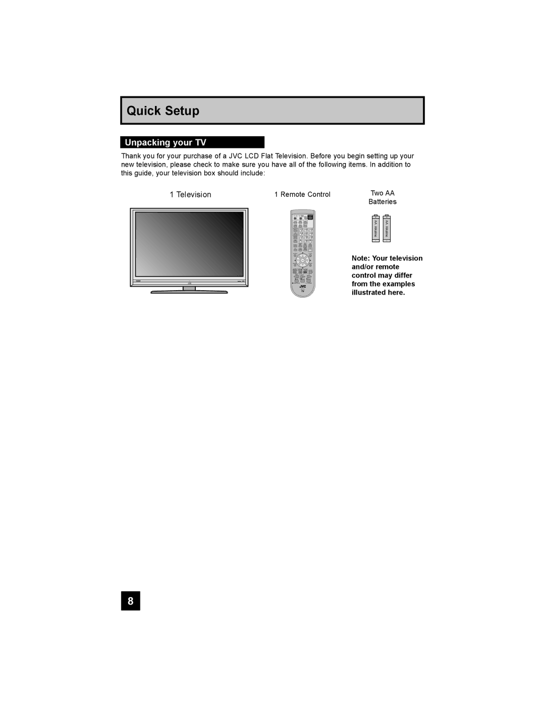 JVC LT-32X987 manual Quick Setup, Unpacking your TV 