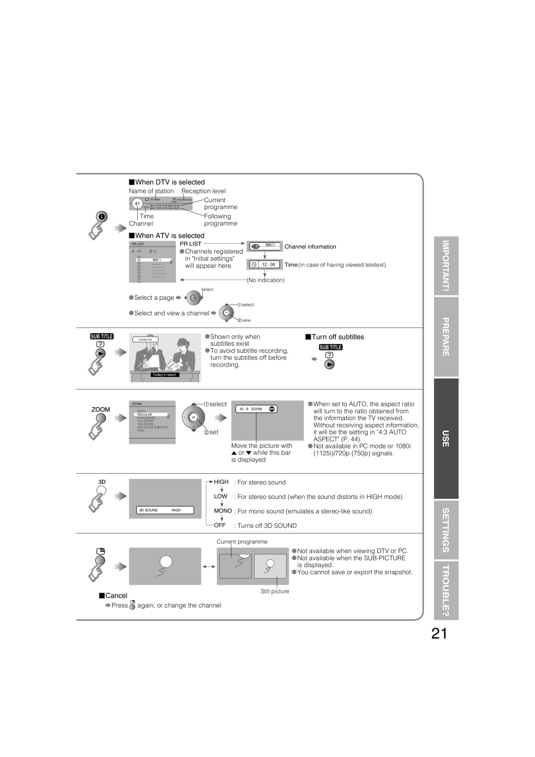 JVC LT-37DM6ZJ manual When DTV is selected, When ATV is selected, Turn off subtitles, Cancel, PR List 