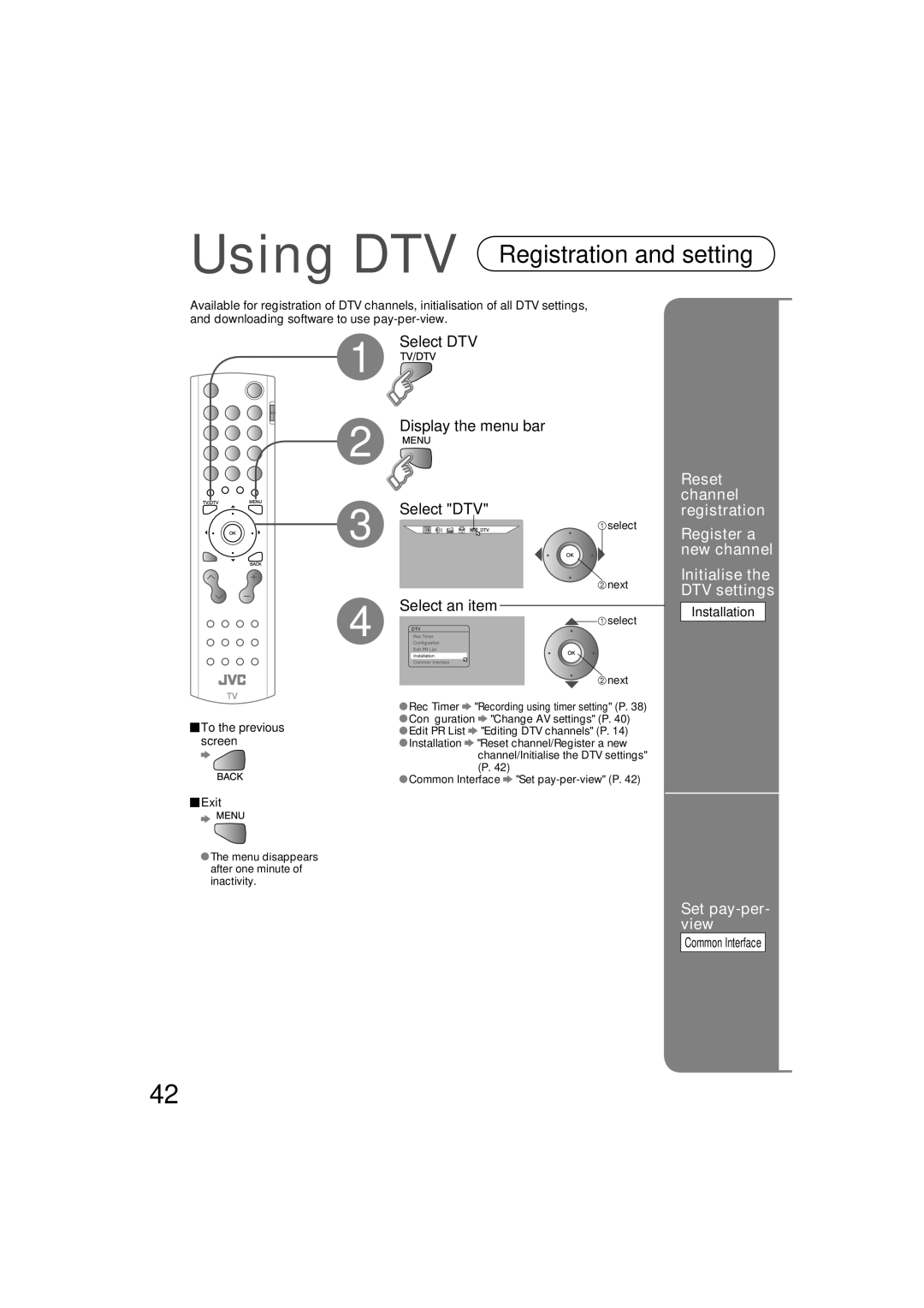 JVC LT-37DM6ZJ Reset channel registration, Initialise the DTV settings, Set pay-per- view, Installation, Common Interface 