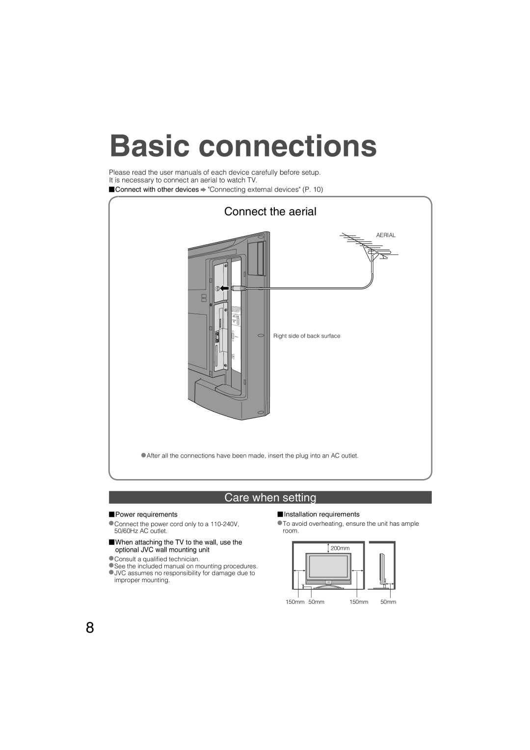 JVC LT-37DM6ZJ manual Basic connections, Care when setting, Power requirements, Installation requirements, Aerial 