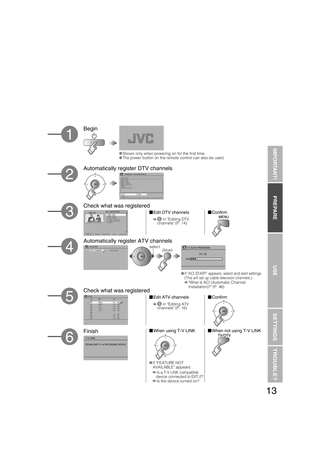 JVC LT-37DS6FJ manual Edit DTV channels Conﬁrm, Edit ATV channels Conﬁrm, When using T-V Link, When not using T-V Link 