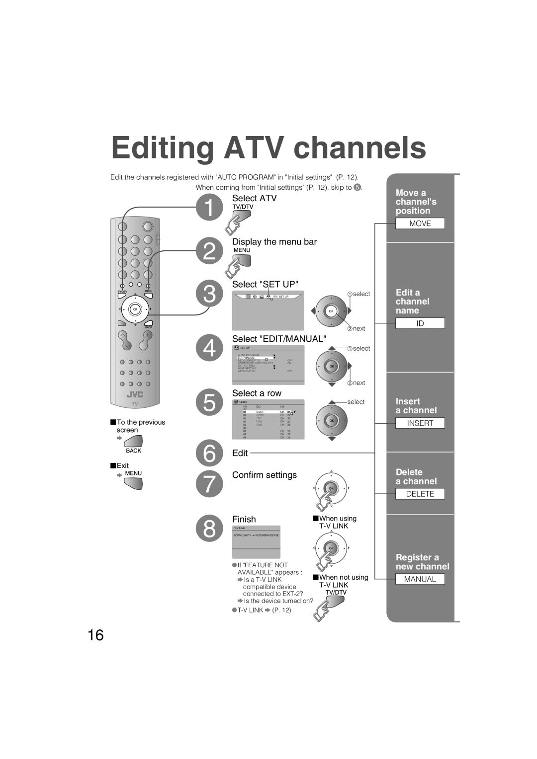 JVC LT-37DS6FJ manual Editing ATV channels, Move a channels position, Edit a channel name Insert Channel 