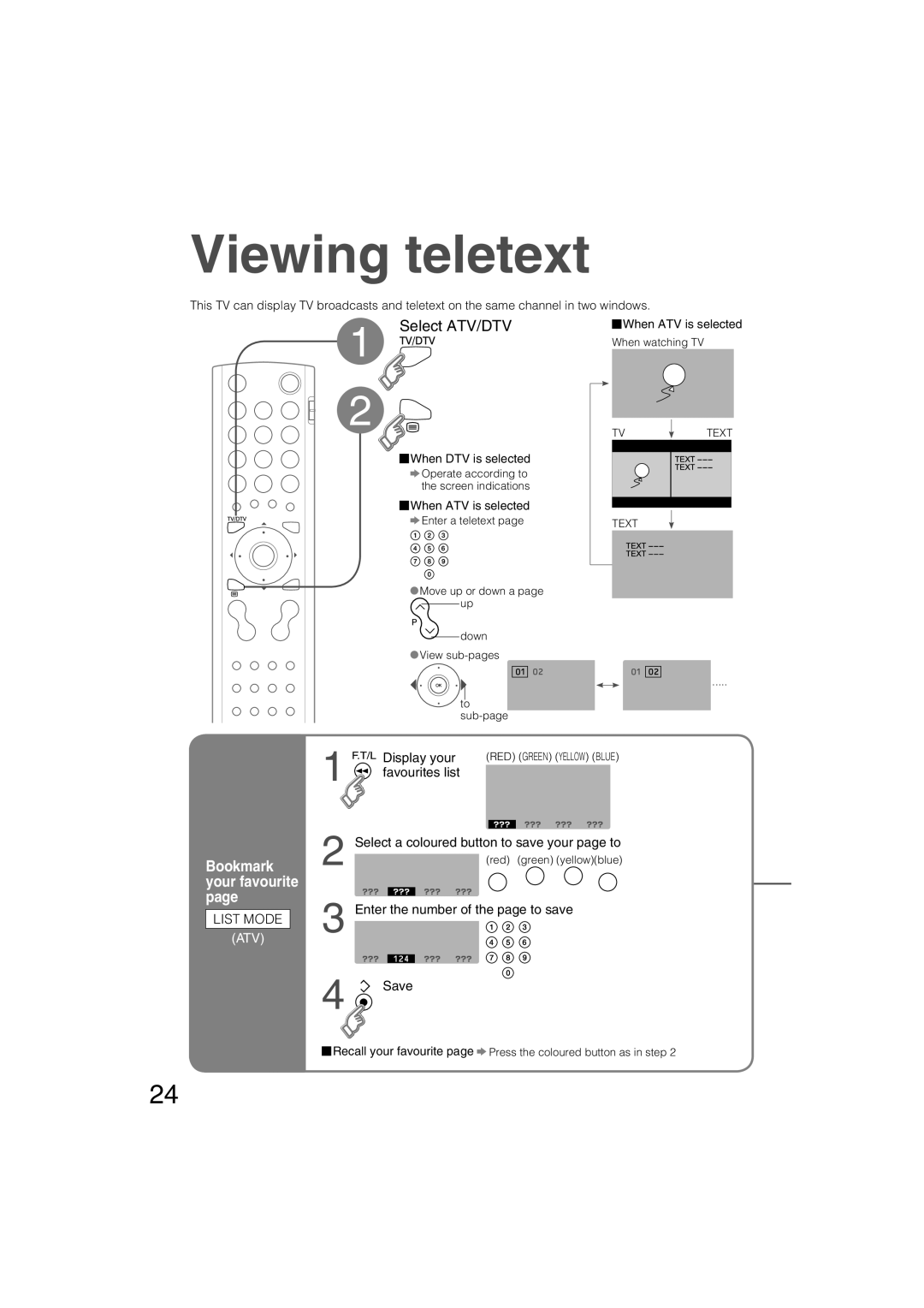 JVC LT-37DS6FJ manual Viewing teletext, List Mode, Display your, Favourites list, Enter the number of the page to save Save 