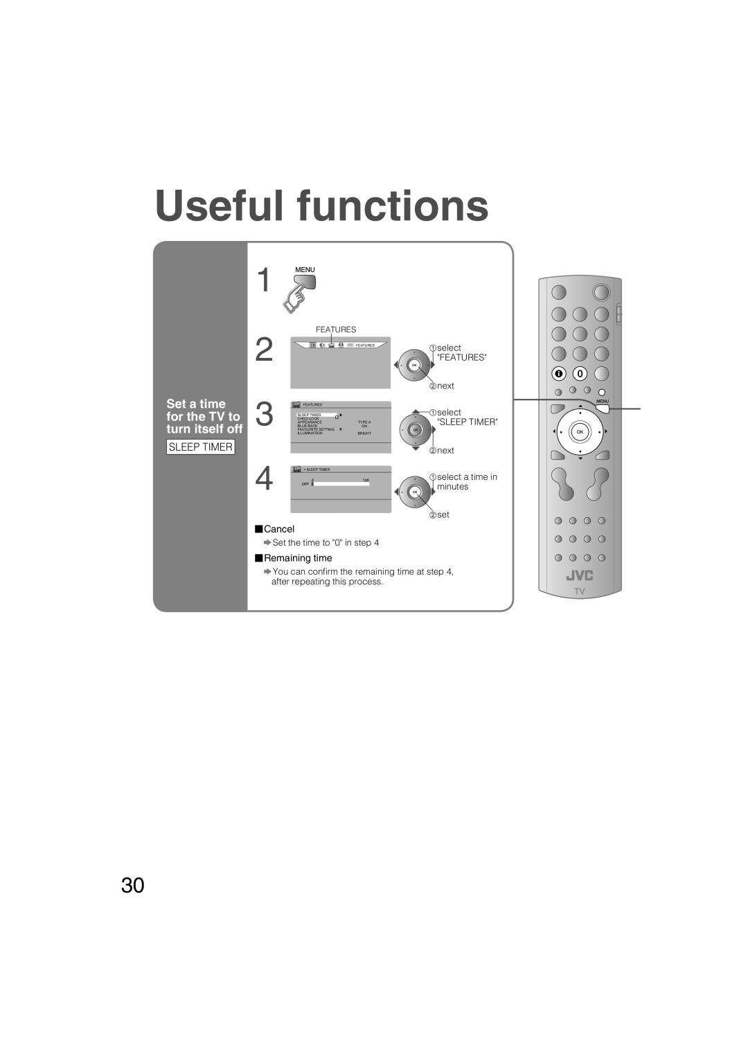 JVC LT-37DS6FJ manual Set a time for the TV to turn itself off, Sleep Timer, Remaining time, Features 