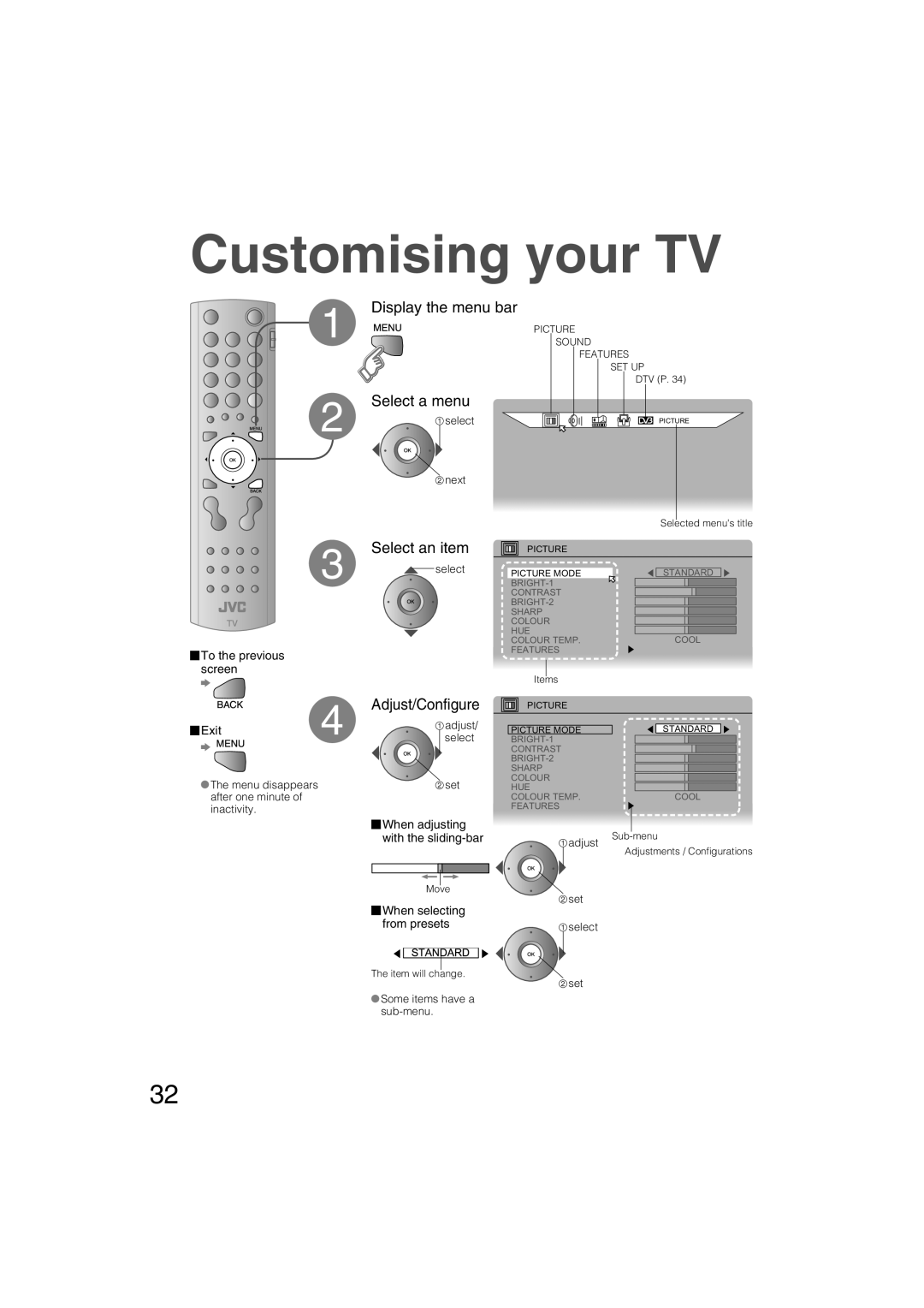 JVC LT-37DS6FJ manual Customising your TV, To the previous screen Exit4, When adjusting with the sliding-bar 