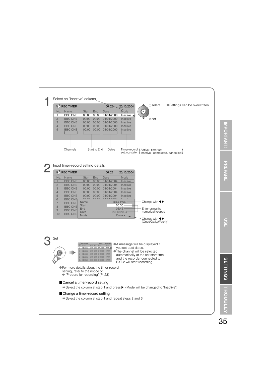 JVC LT-37DS6FJ manual Select an Inactive column, Input timer-record setting details, Set, Cancel a timer-record setting 