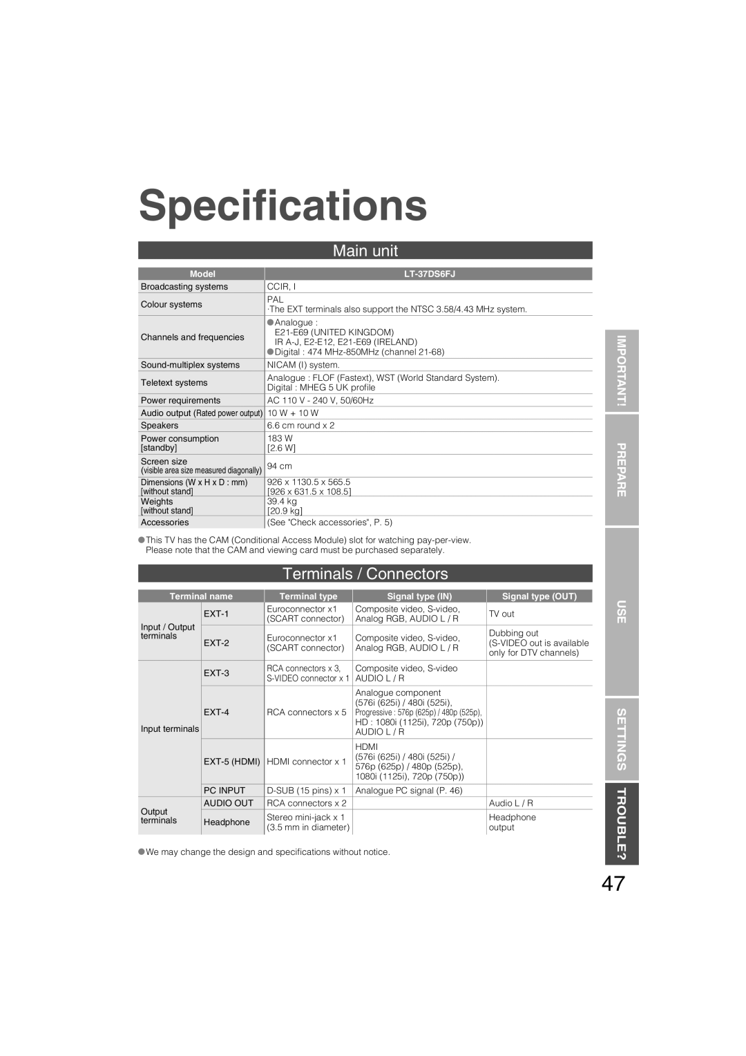 JVC LT-37DS6FJ manual Speciﬁcations, Main unit, Terminals / Connectors 