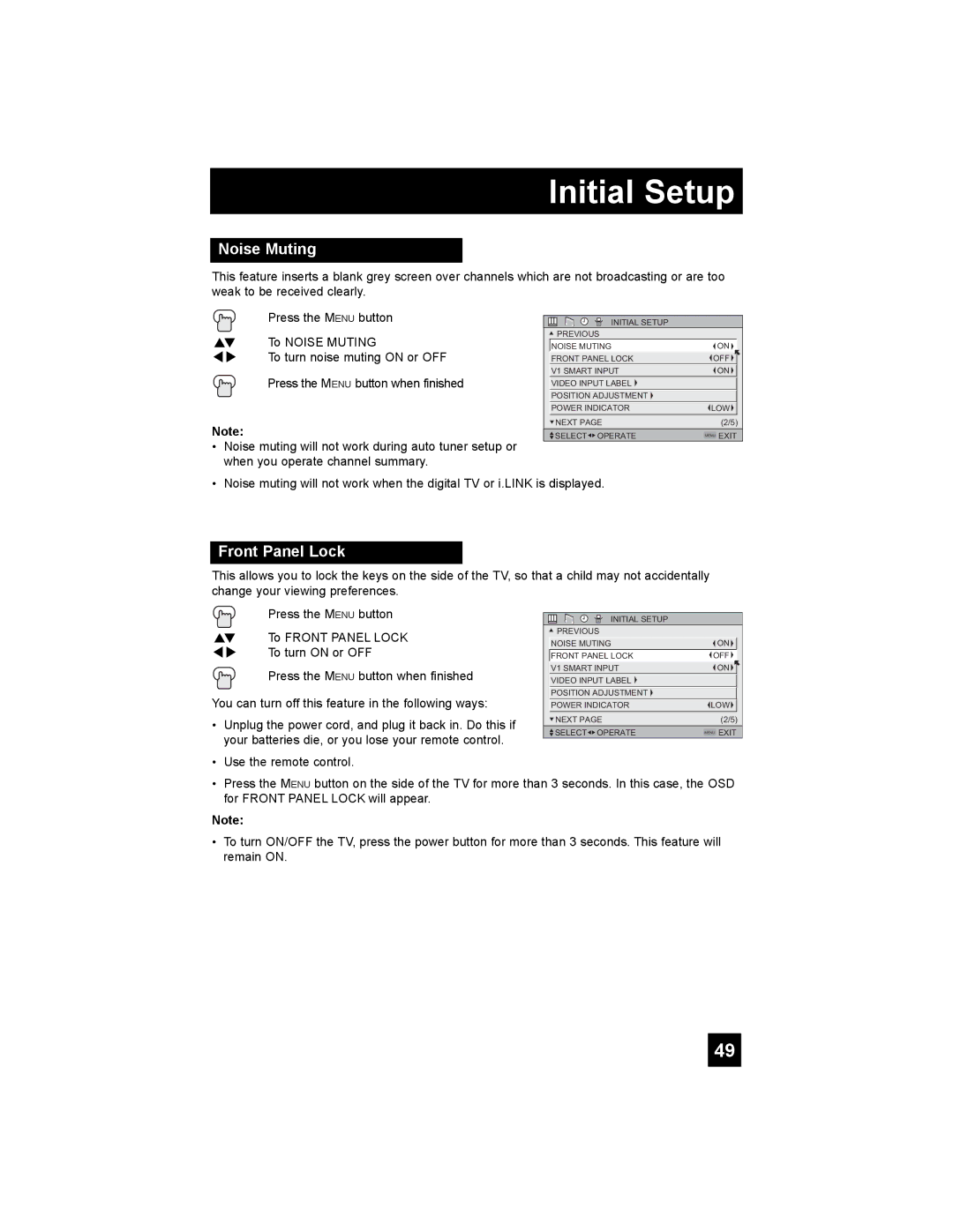 JVC LT-37X776 manual Noise Muting, Front Panel Lock 