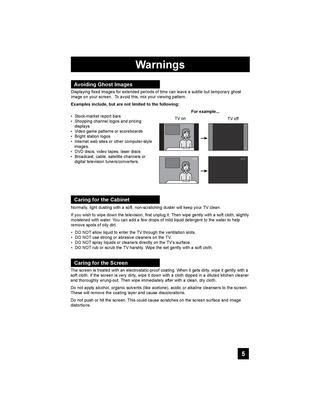 JVC LT-37X776 manual Avoiding Ghost Images, Caring for the Cabinet, Caring for the Screen, For example 