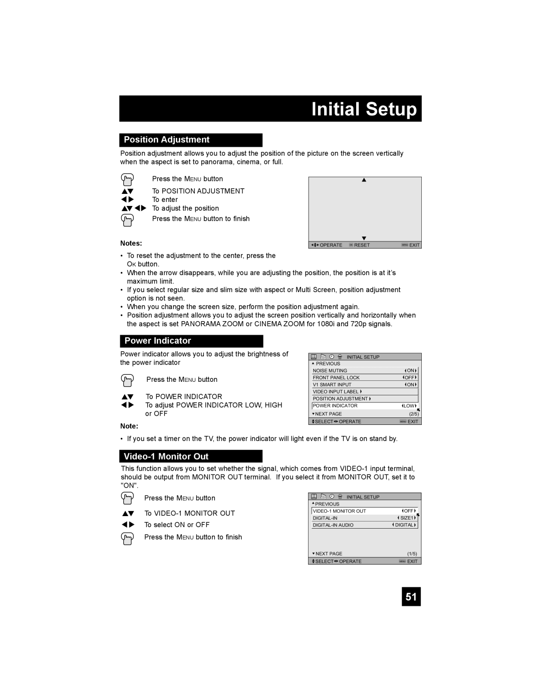 JVC LT-37X776 manual Position Adjustment, Power Indicator, Video-1 Monitor Out 