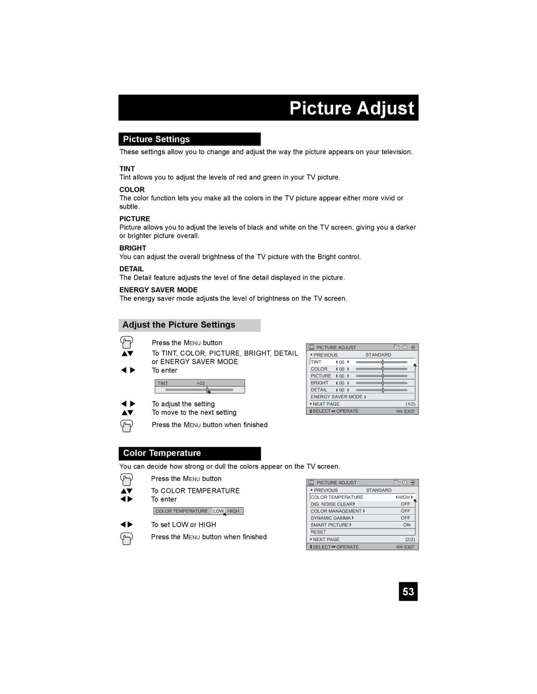 JVC LT-37X776 manual Picture Adjust, Adjust the Picture Settings, Color Temperature 