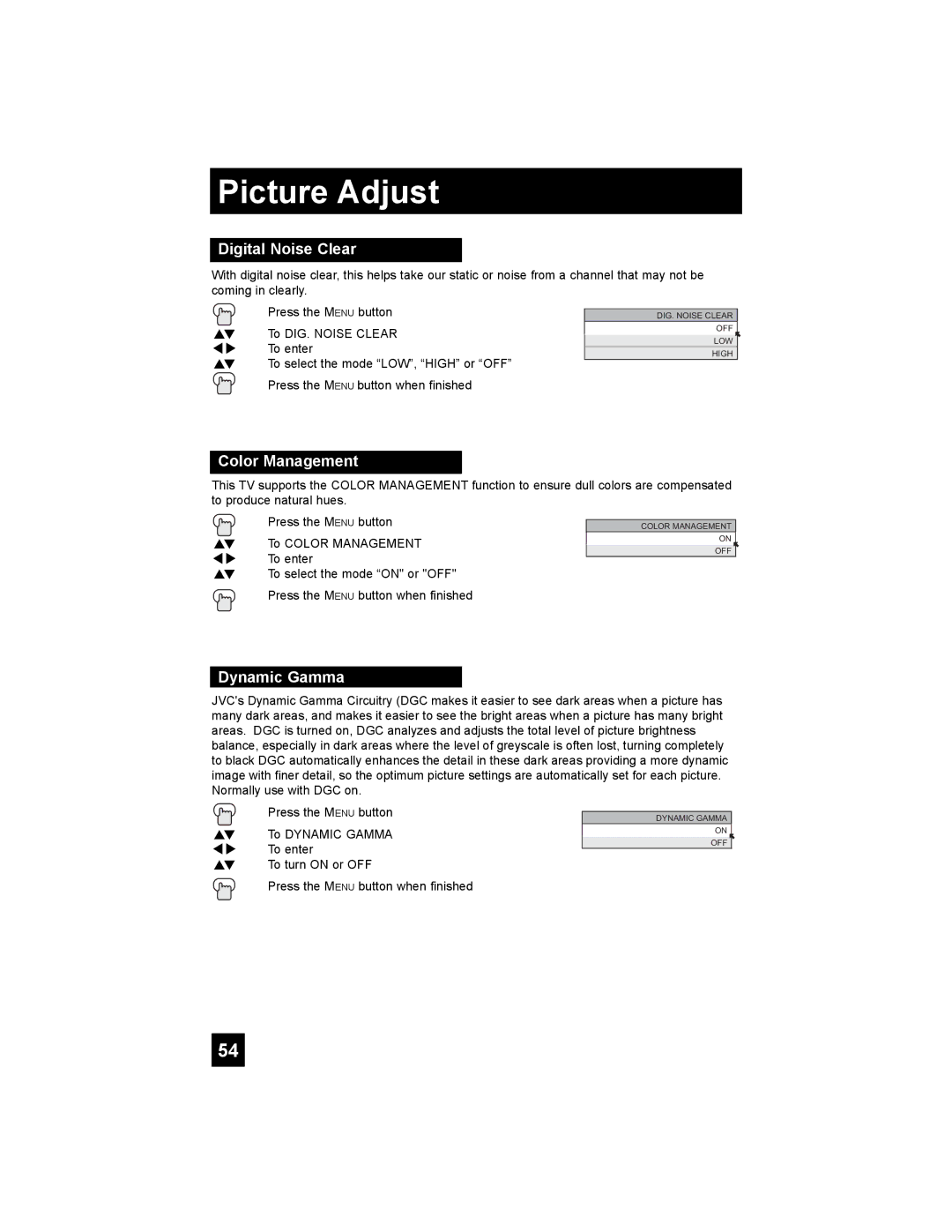 JVC LT-37X776 manual Digital Noise Clear, Color Management, Dynamic Gamma 