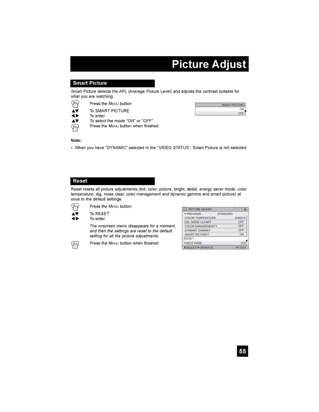 JVC LT-37X776 manual Smart Picture, Reset 