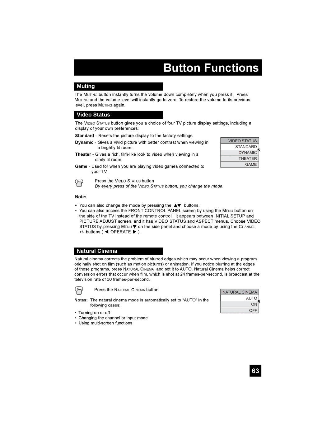 JVC LT-37X776 manual Muting, Video Status, Natural Cinema 