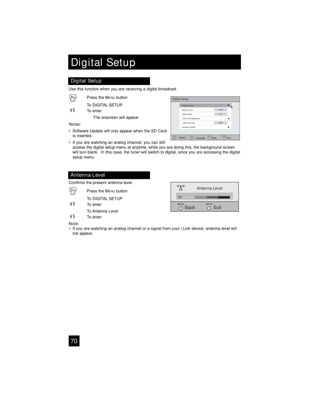 JVC LT-37X776 manual Digital Setup, Antenna Level 