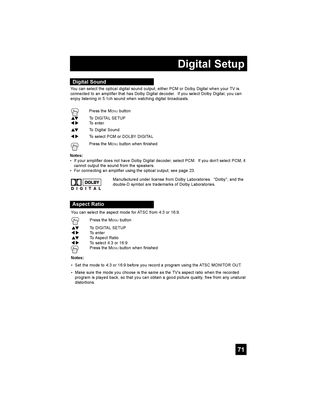 JVC LT-37X776 manual Digital Sound, Aspect Ratio 