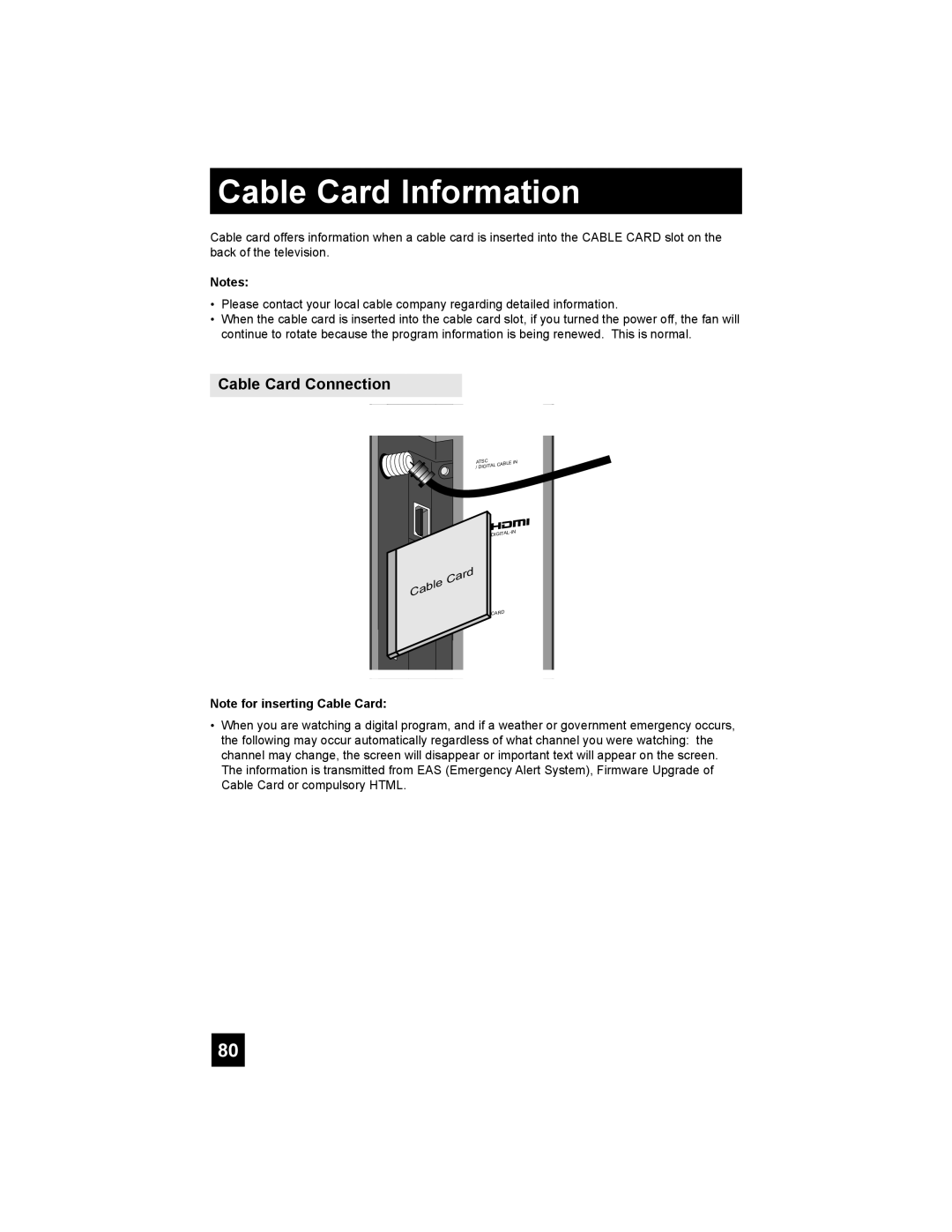 JVC LT-37X776 manual Cable Card Information, Cable Card Connection 