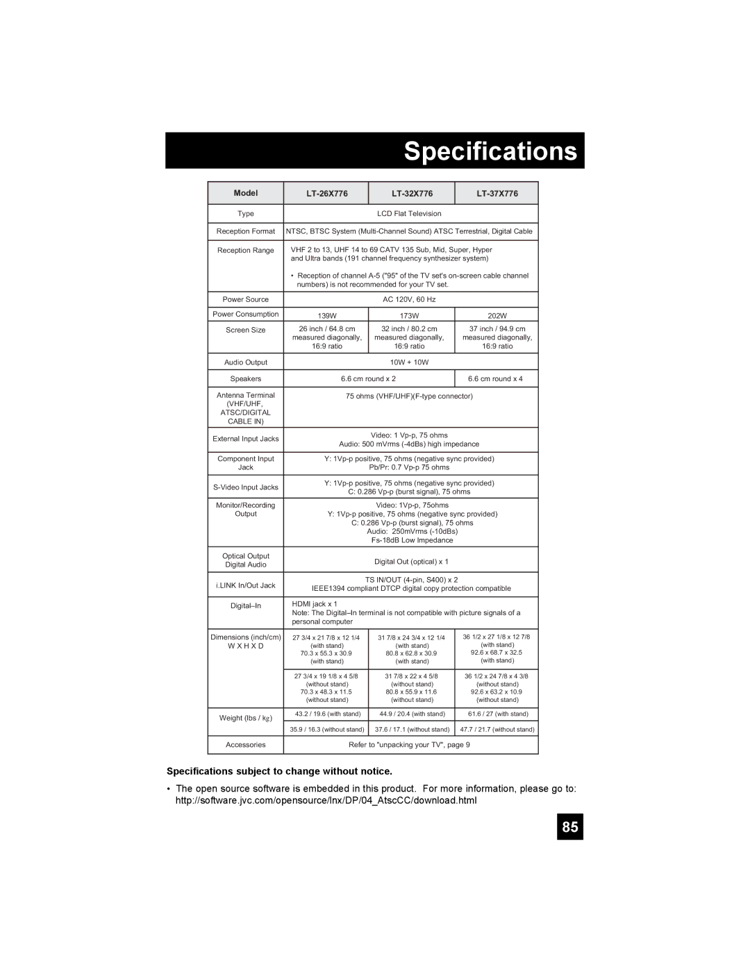 JVC LT-37X776 manual Specifications subject to change without notice 