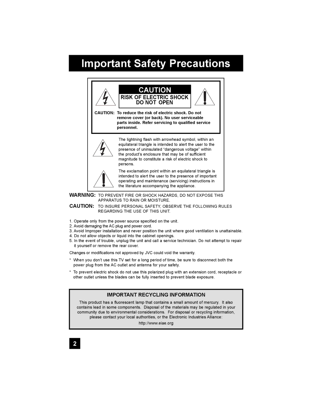 JVC LT-37X987 manual Important Safety Precautions 