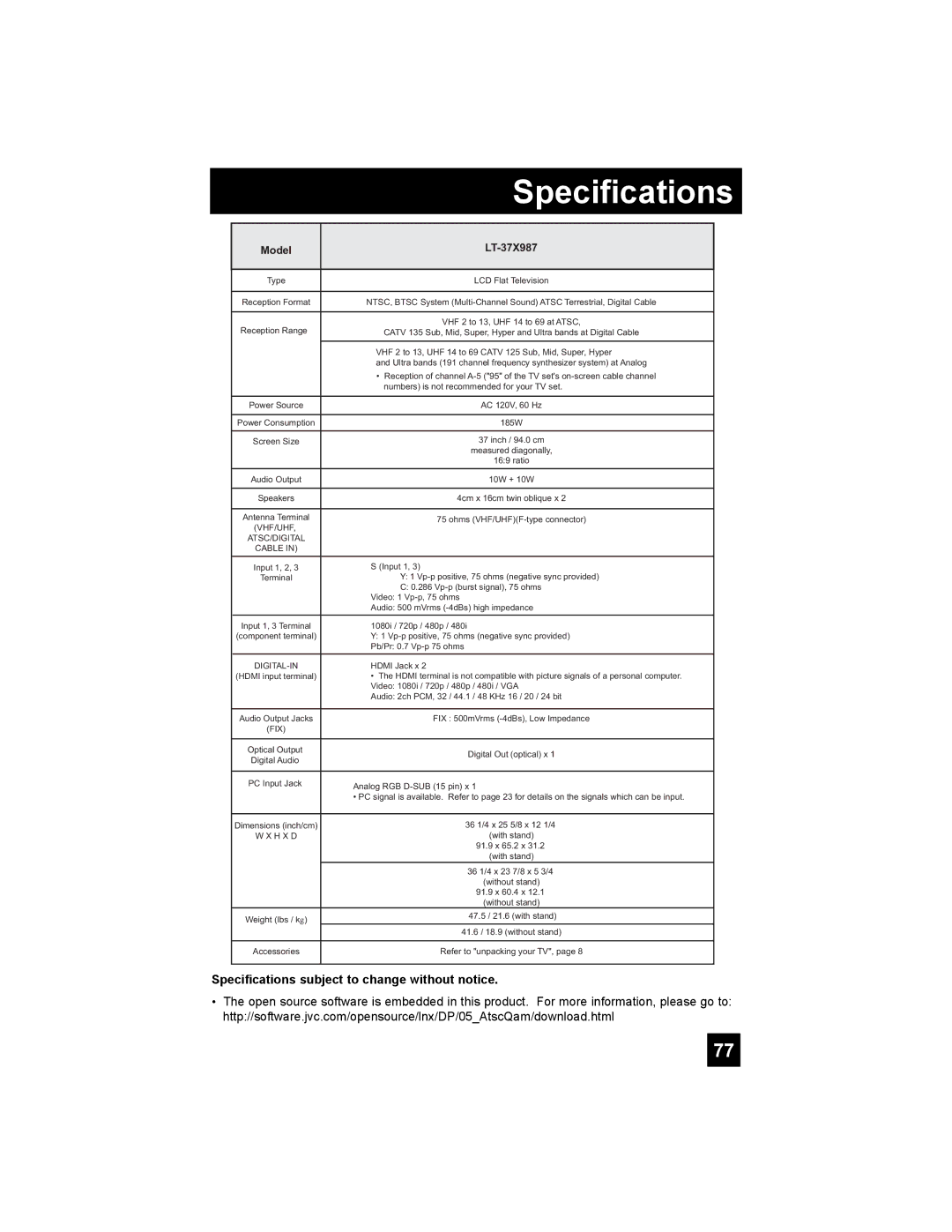 JVC LT-37X987 manual Specifications subject to change without notice 