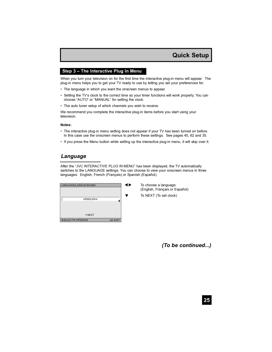 JVC LT-40FH97 manual Language, To be, Interactive Plug In Menu 