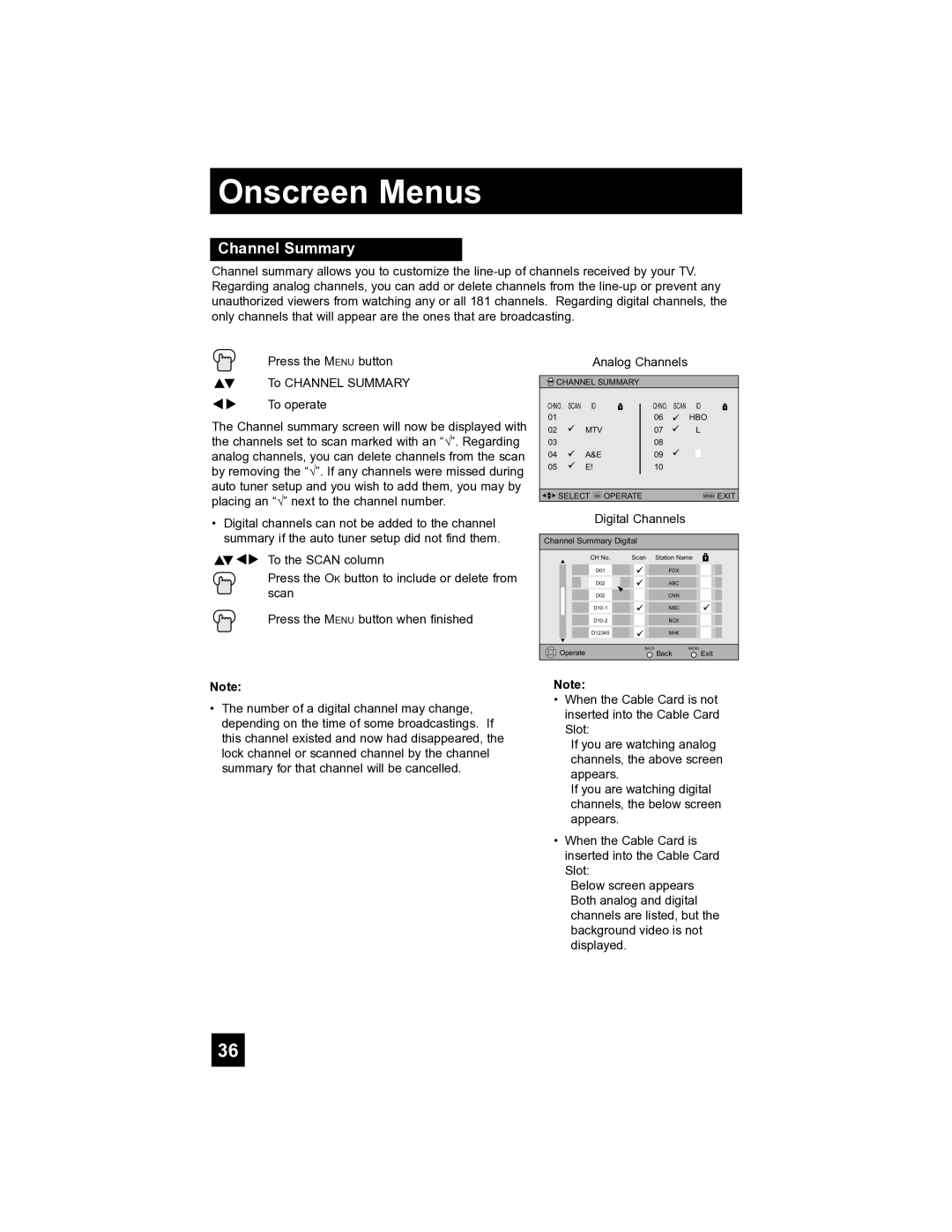 JVC LT-40FH97 manual Channel Summary, Digital Channels 