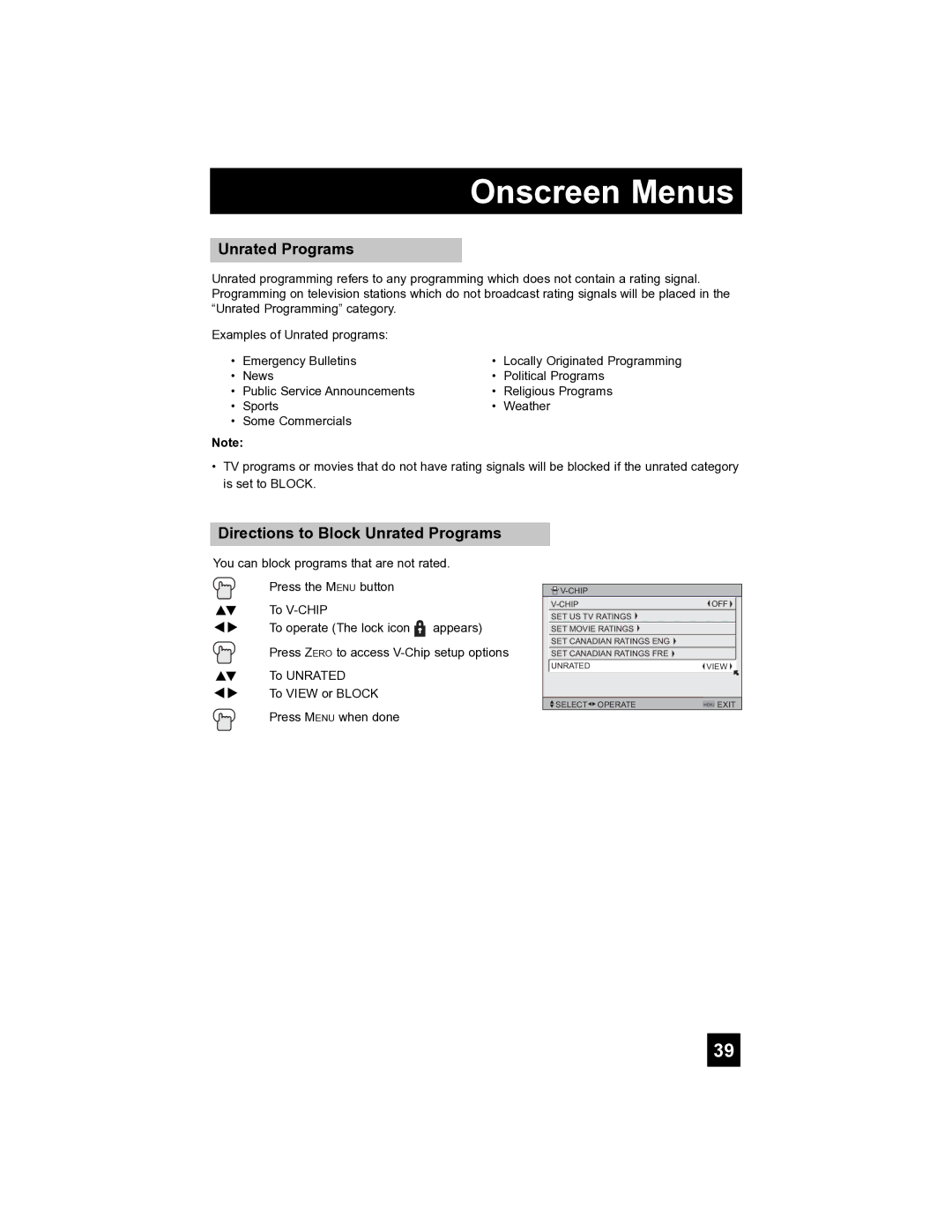 JVC LT-40FH97 manual Directions to Block Unrated Programs 