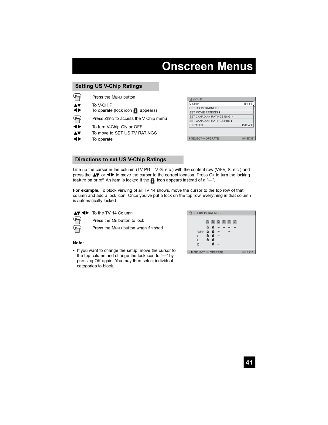 JVC LT-40FH97 manual Setting US V-Chip Ratings, Directions to set US V-Chip Ratings 