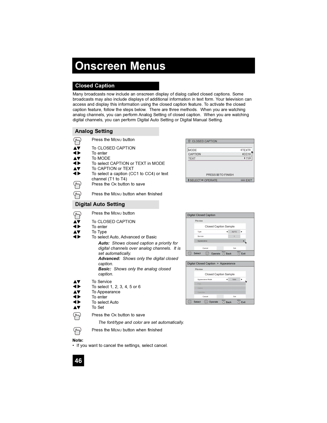 JVC LT-40FH97 manual Closed Caption, Analog Setting, Digital Auto Setting 