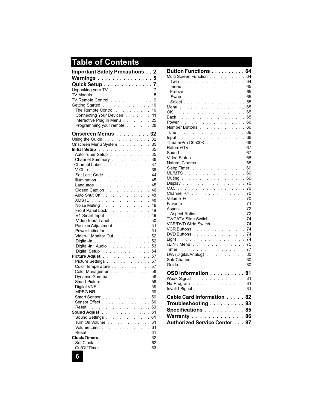 JVC LT-40FH97 manual Table of Contents 