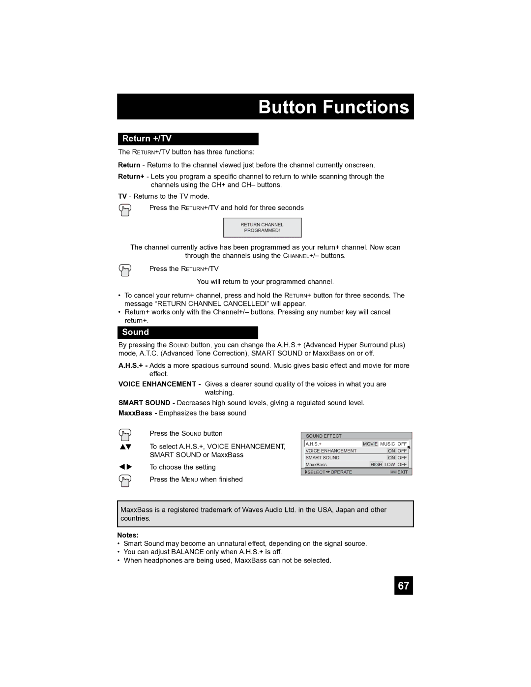 JVC LT-40FH97 manual Return +/TV, Sound 